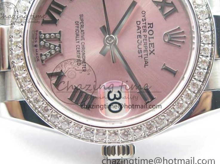 MiroTime 0402 Datejust 31mm 278275 SS Crystal Bezel BP Maker Best Edition Pink Roman Dial Crystal @6 on SS President Bracelet Contemporary 3082